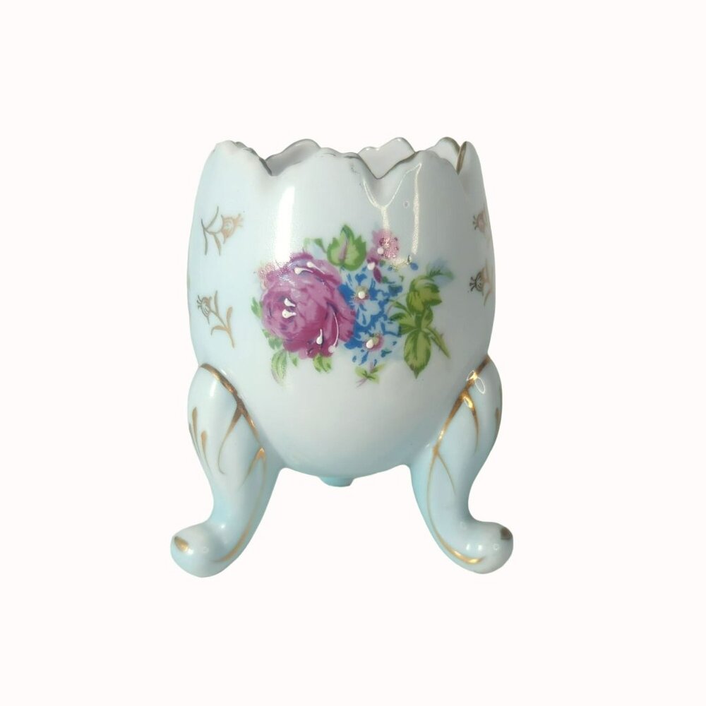 Vintage Napco Footed Porcelain Cracked Egg Vase Blue Pink Roses Floral Japan